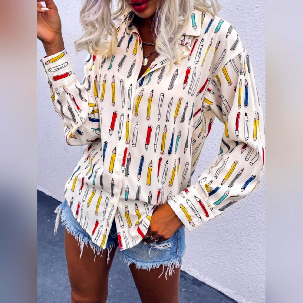 Drop Shoulder Allover Pencil Print Button Down Blouse with Collar